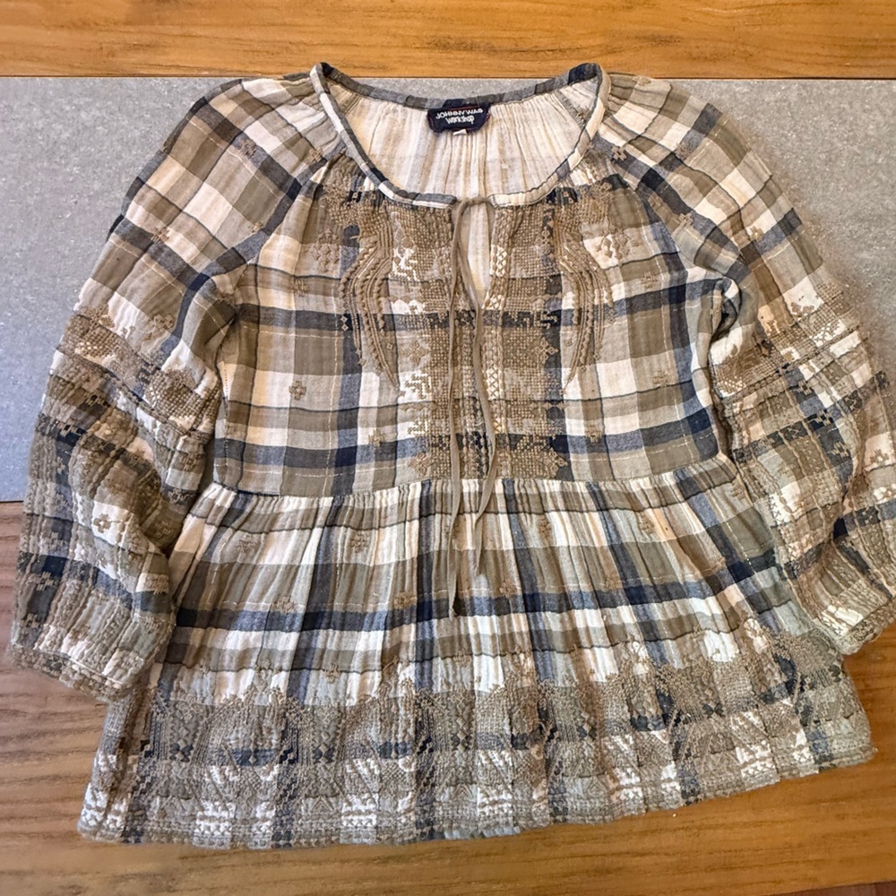 Johnny Was 3J Workshop Embroidered Plaid Tunic Blouse Boho Neutral Small - Picture 7 of 14